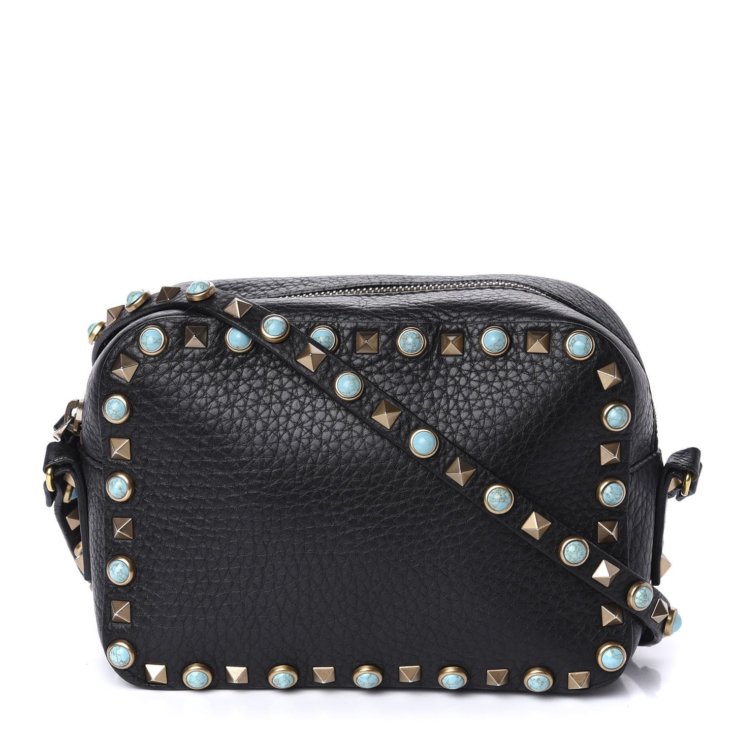 Grained Calfskin Turquoise Rockstud Rolling Camera Crossbody Bag Black