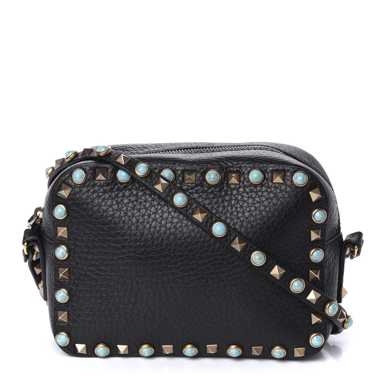 Valentino Garavani Grained Calfskin Turquoise Rockstud Rolling Camera Crossbody Bag Black 1 of 9