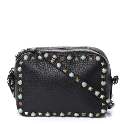 Valentino Garavani Grained Calfskin Turquoise Rockstud Rolling Camera Crossbody Bag Black 1 of 9