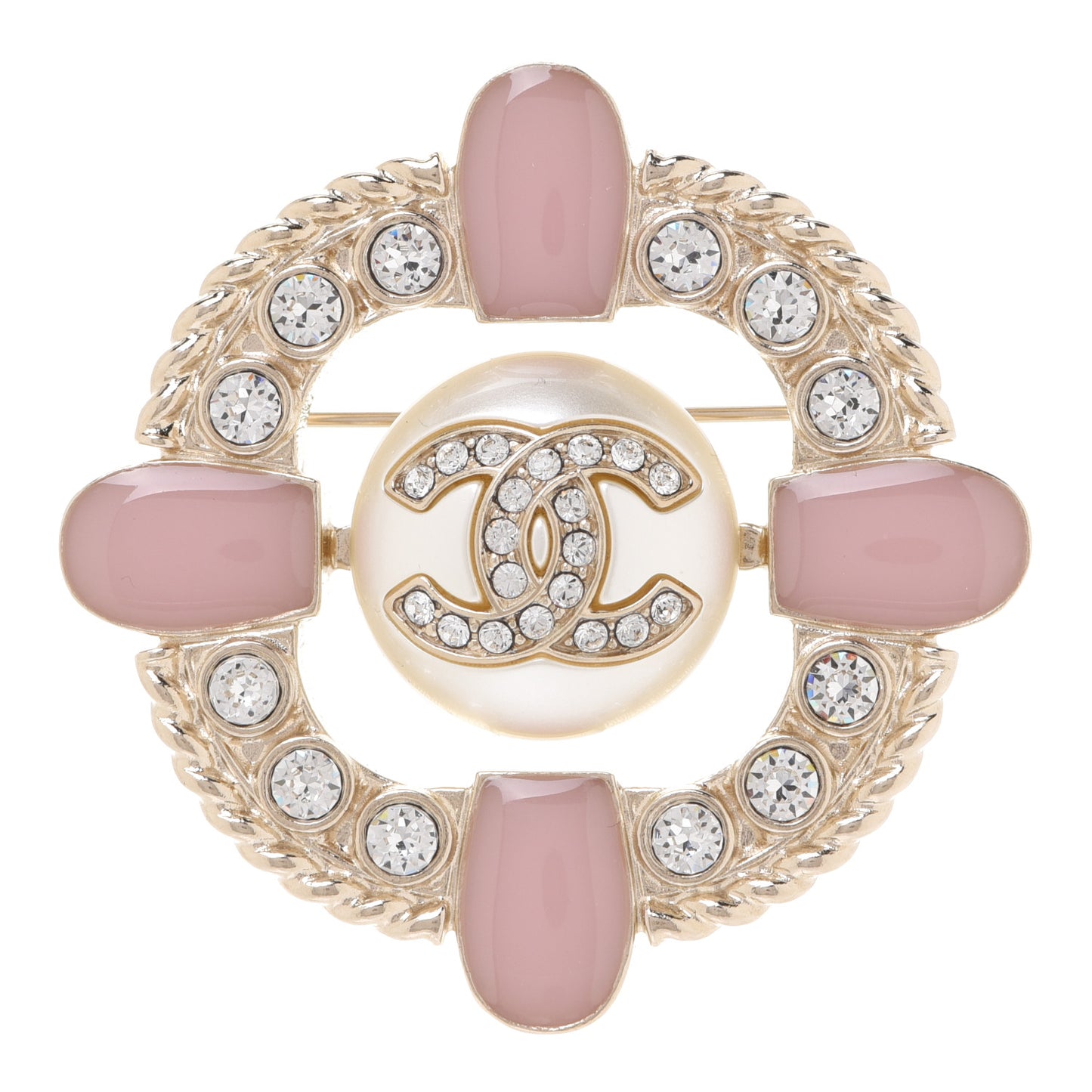 Crystal Pearl Enamel CC Brooch Gold Pink