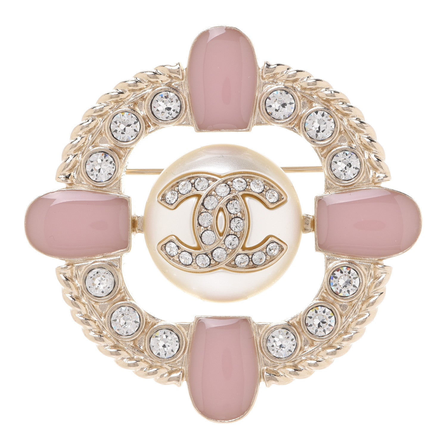 Chanel Crystal Pearl Enamel CC Brooch Gold Pink 1 of 5