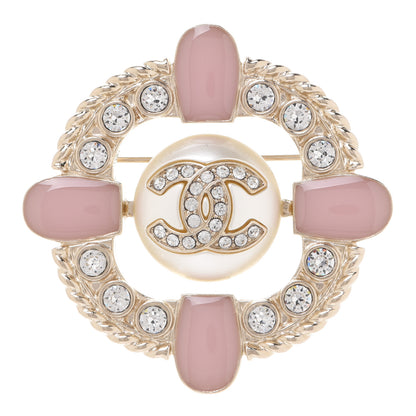 Chanel Crystal Pearl Enamel CC Brooch Gold Pink 1 of 5