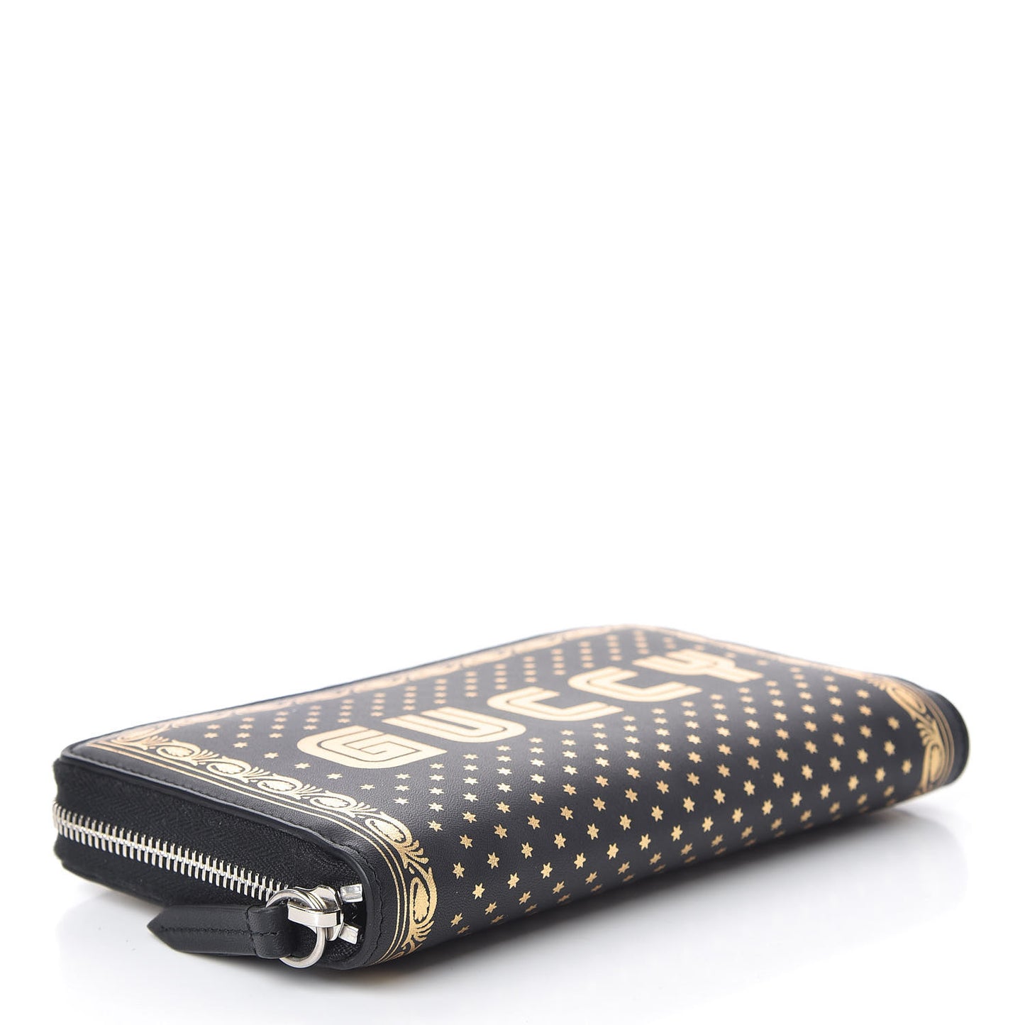 X SEGA Calfskin GUCCY Stars Zip Around Wallet Black Gold
