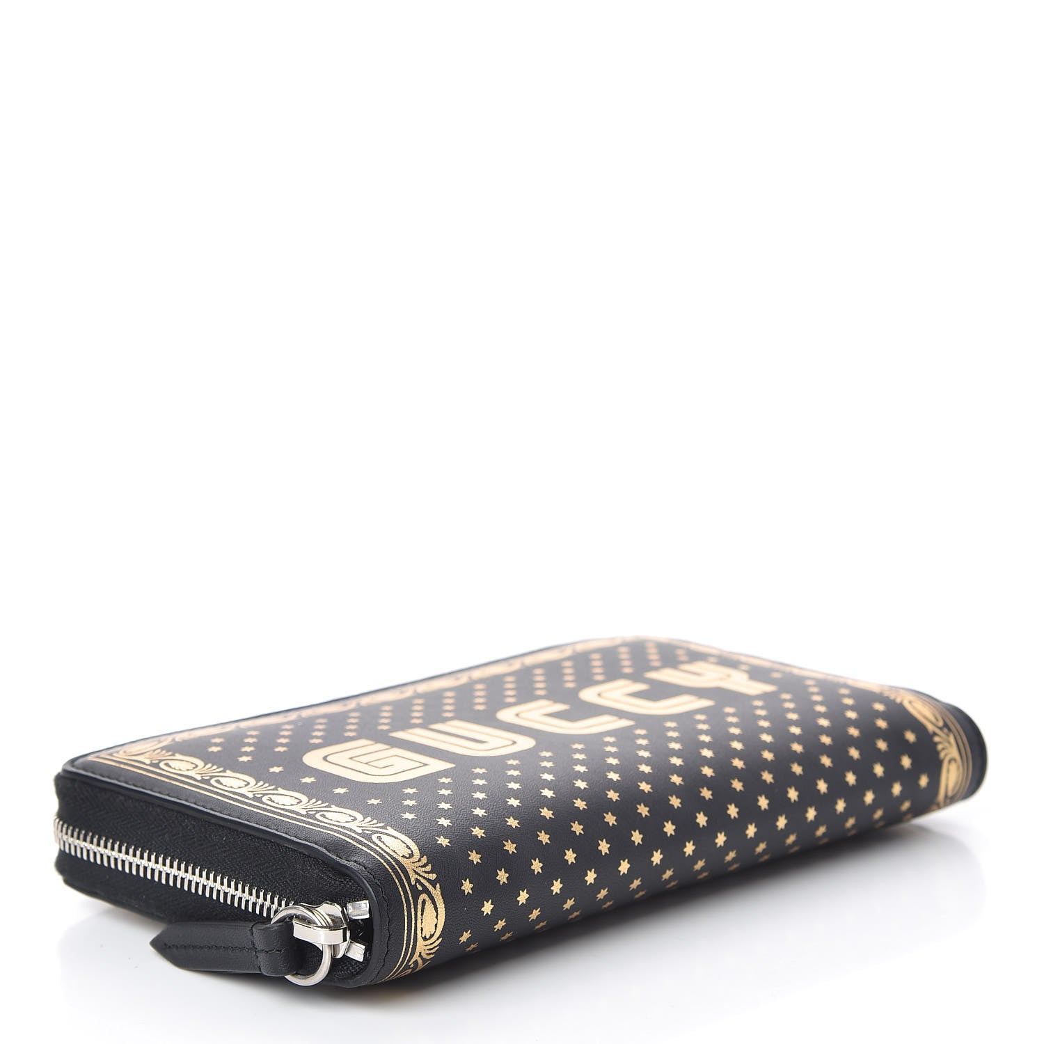 Gucci X SEGA Calfskin GUCCY Stars Zip Around Wallet Black Gold 4 of 8