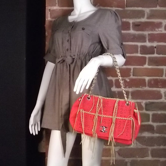 Calfskin Perforated Fringe Flap Bag Coral