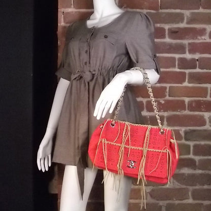 Chanel Calfskin Perforated Fringe Flap Bag Coral 2 of 9