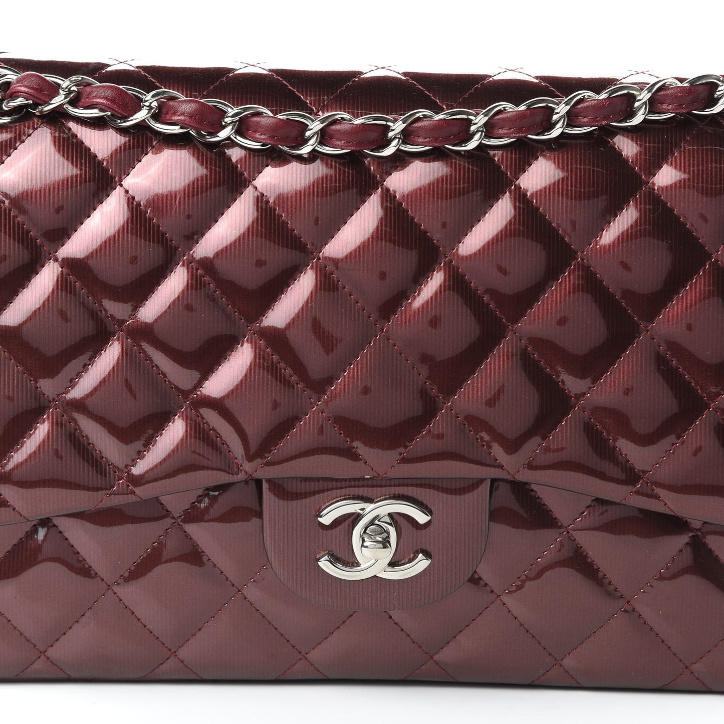 Striated Patent Quilted Jumbo Double Flap Burgundy