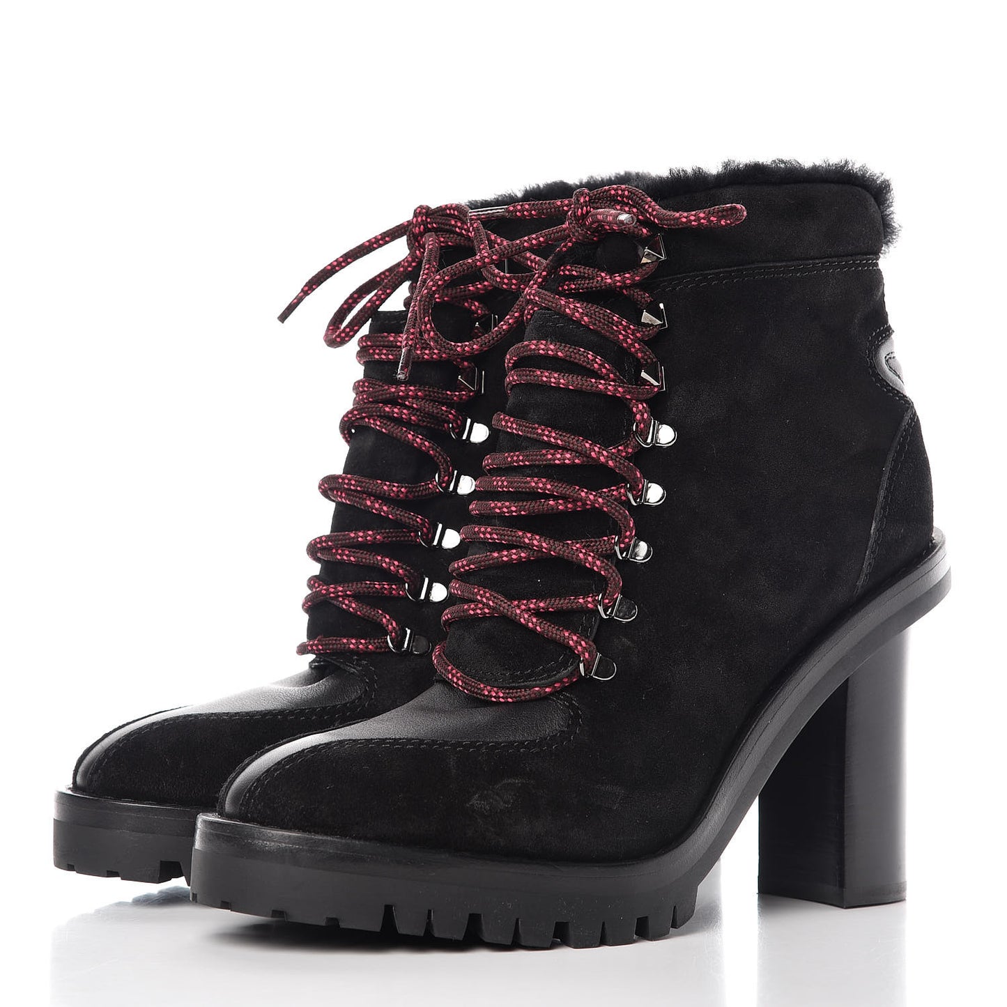 Suede Shearling Rockstud Lace-Up Ankle Boots 39.5 Black