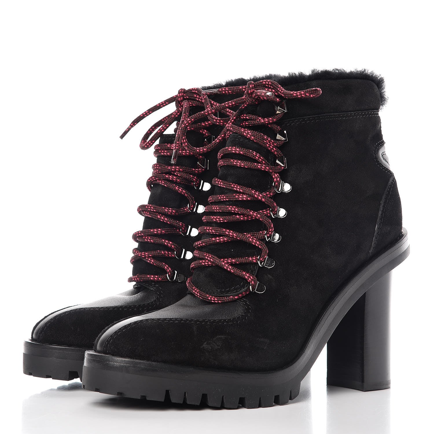 Valentino Garavani Suede Shearling Rockstud Lace-Up Ankle Boots 39.5 Black 3 of 17