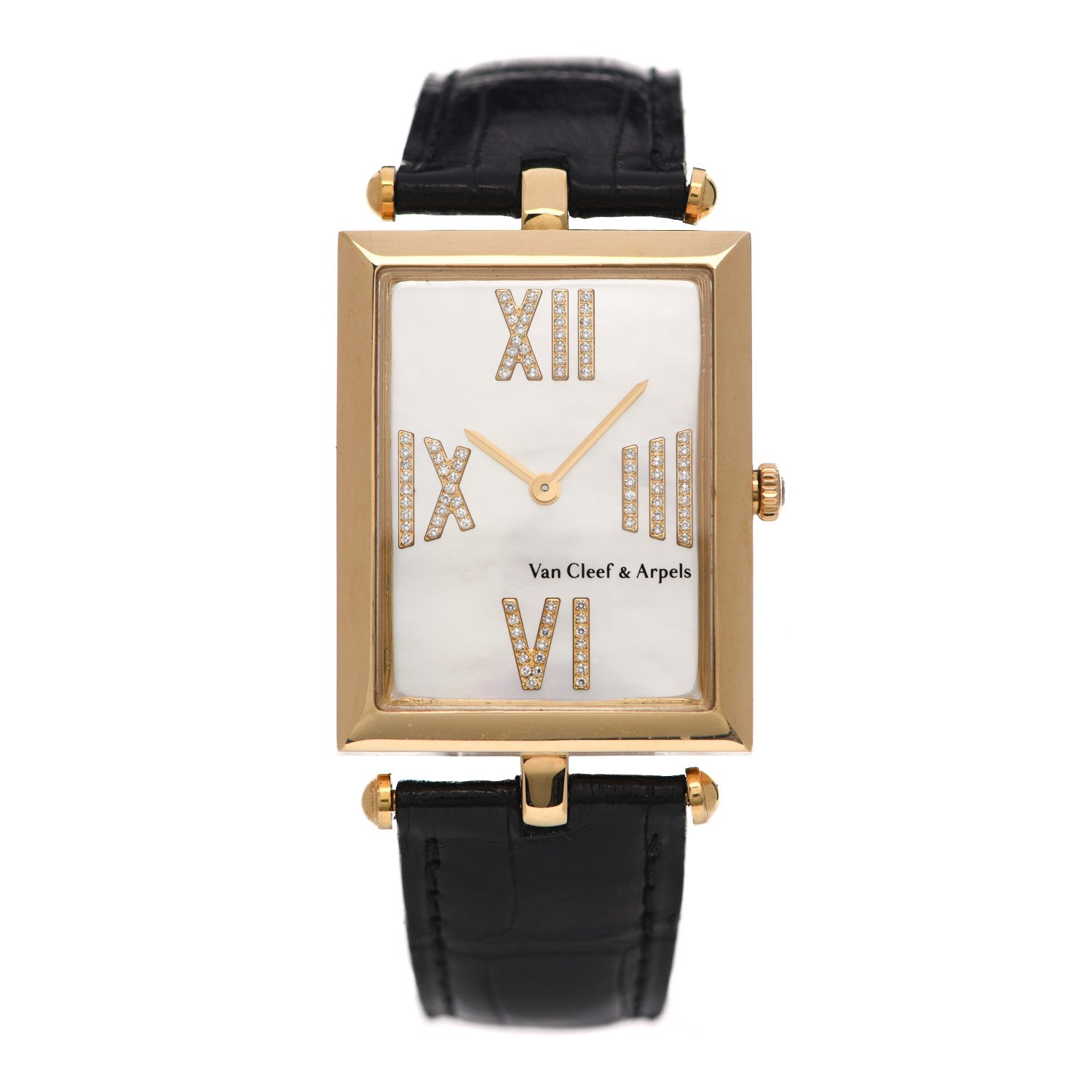 Van Cleef & Arpels 18K Yellow Gold Alligator Diamond Mother of Pearl 27mm Lady Arpels Quartz Watch 1 of 5