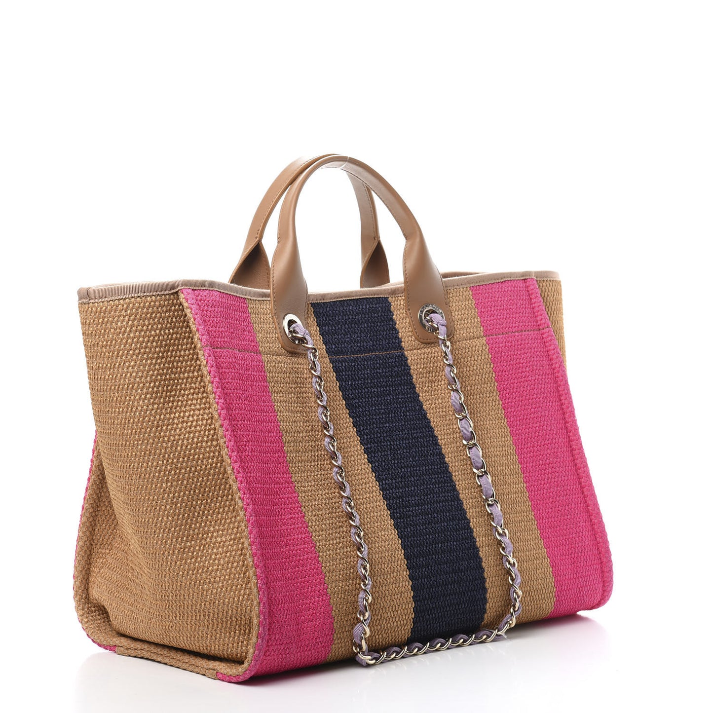 Straw Raffia Calfskin Striped Medium Deauville Tote Dark Beige Fuchsia Navy Blue