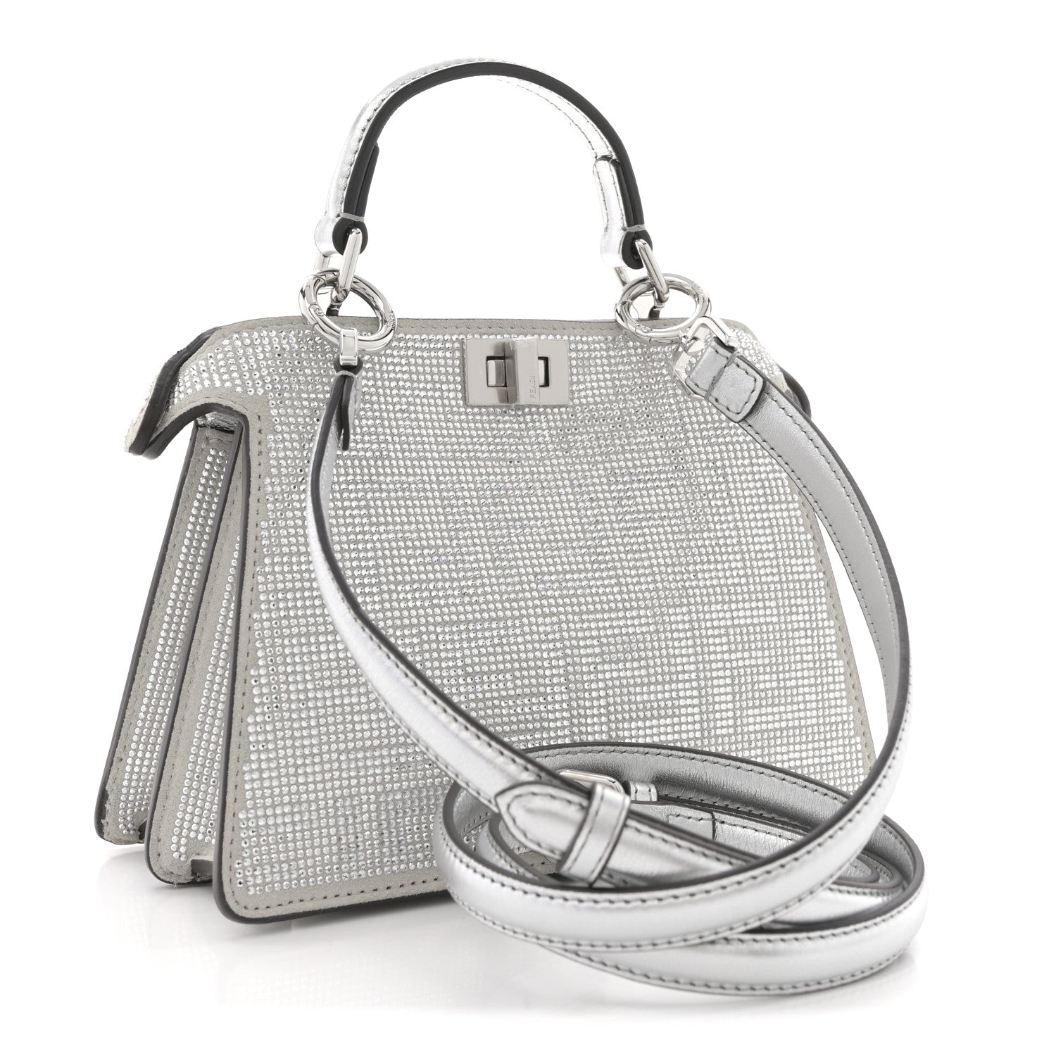 Fendi Crystal Vitello Laminato FF Petite Peekaboo I SEE U Satchel Crystal Argento 3 of 10