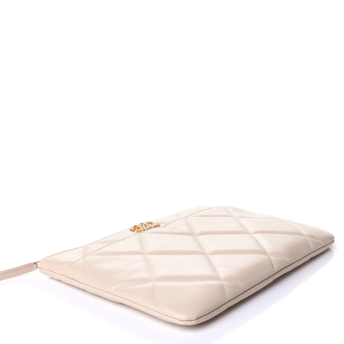Shiny Goatskin Quilted Chanel 19 Pouch Beige