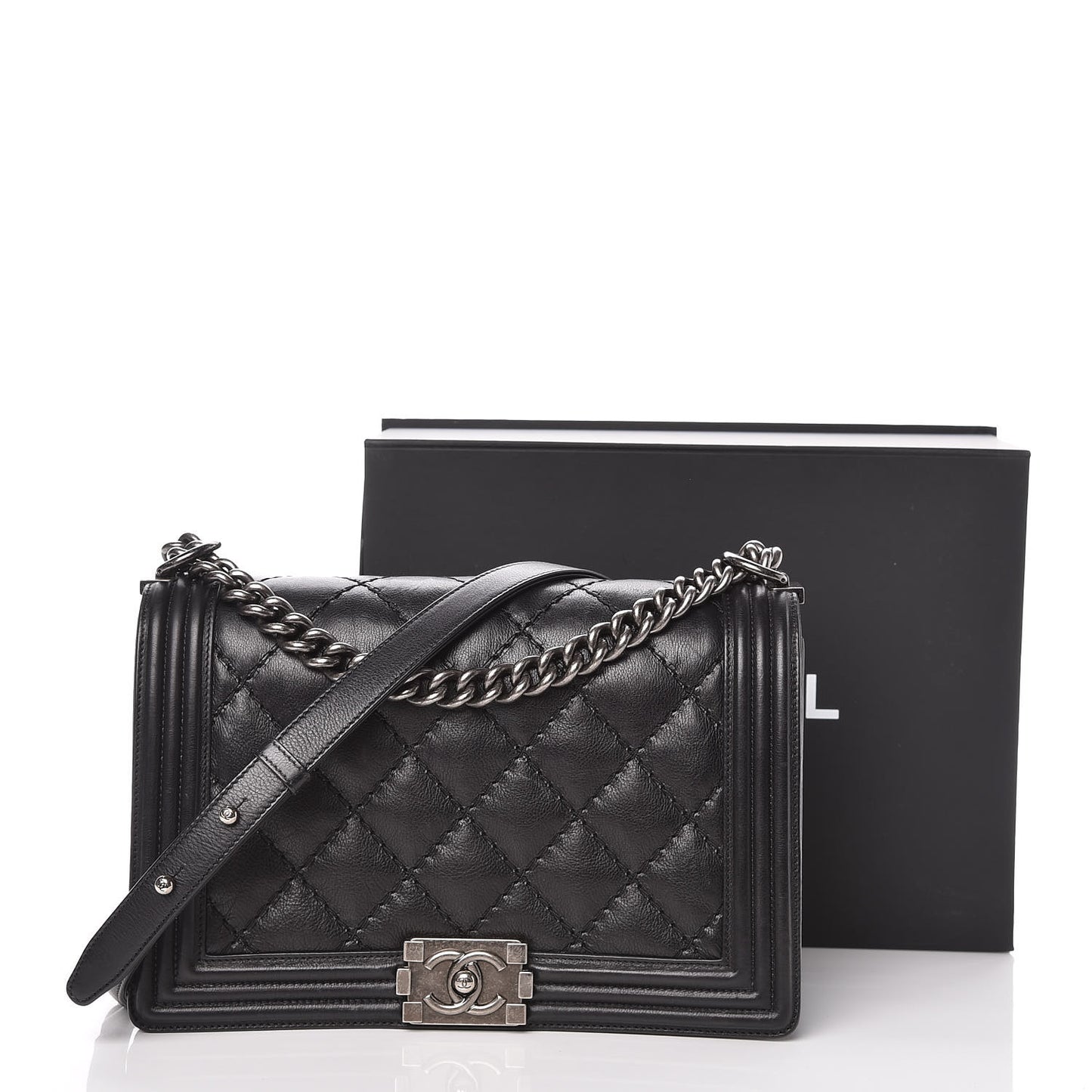Calfskin Quilted Double Stitch New Medium Boy Flap Black