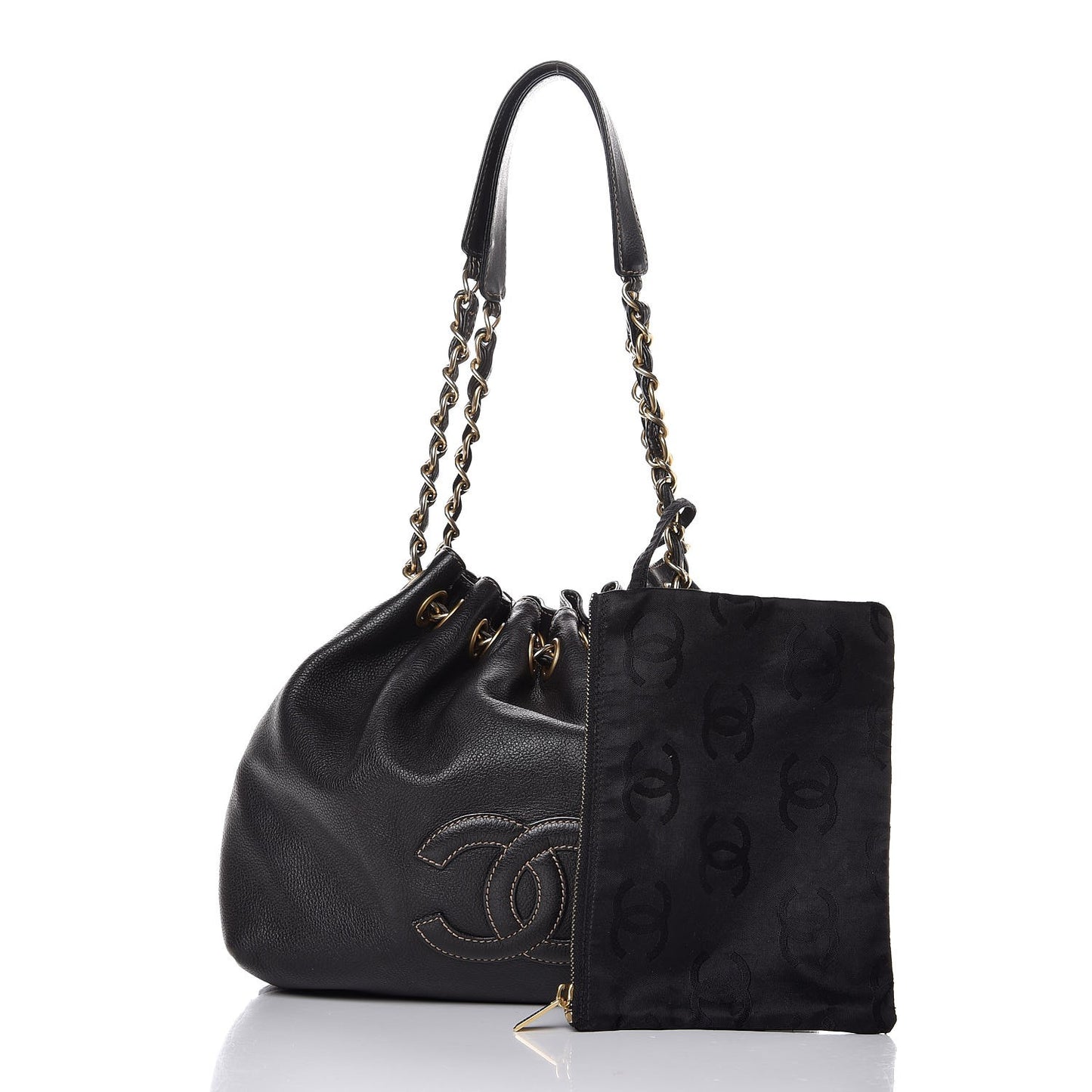 Grained Calfskin CC Drawstring Bucket Bag Black