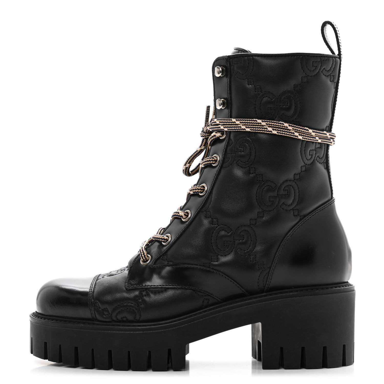 Gucci Cordovan Lux Nappa GG Matelasse Lace Up 60mm Combat Boots 37.5 Black 1 of 15