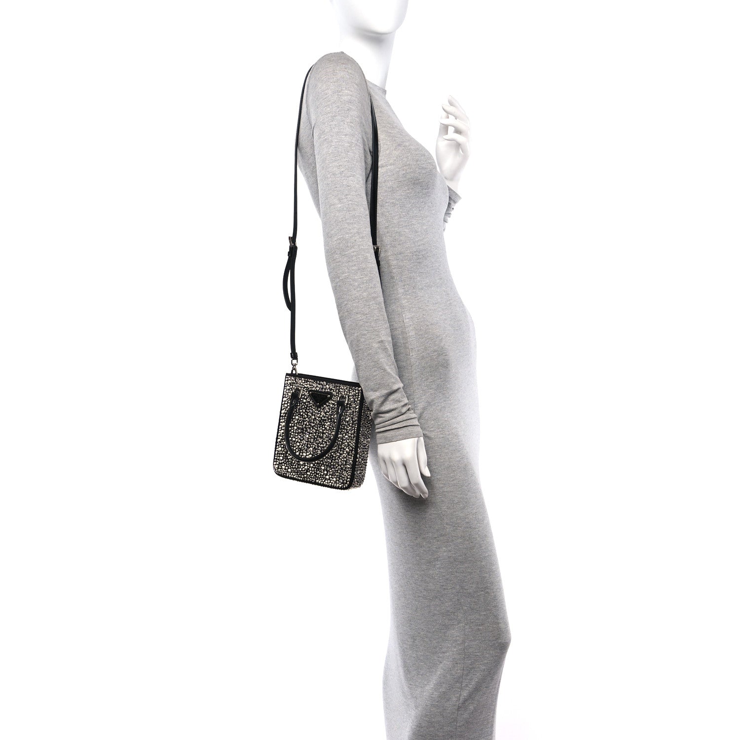 Prada Satin Crystal Metal Triangle Logo Small Double Handle Crossbody Tote Metal 2 of 9