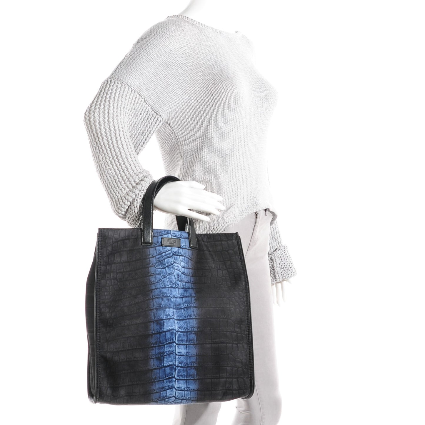 Calfskin Crocodile Embossed Tote Black Blue