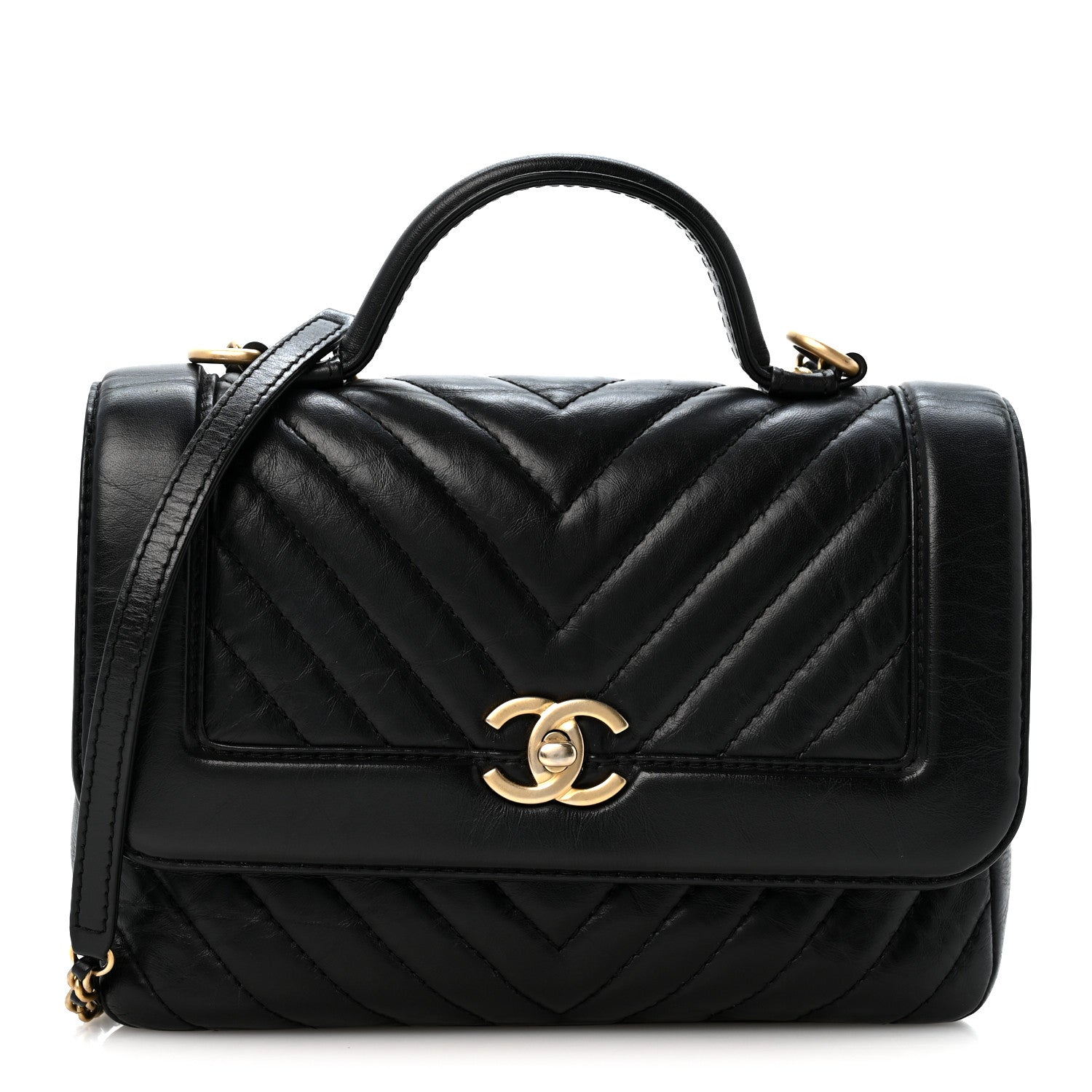 Chanel Calfskin Chevron Quilted Top Handle Flap Black 1 of 12