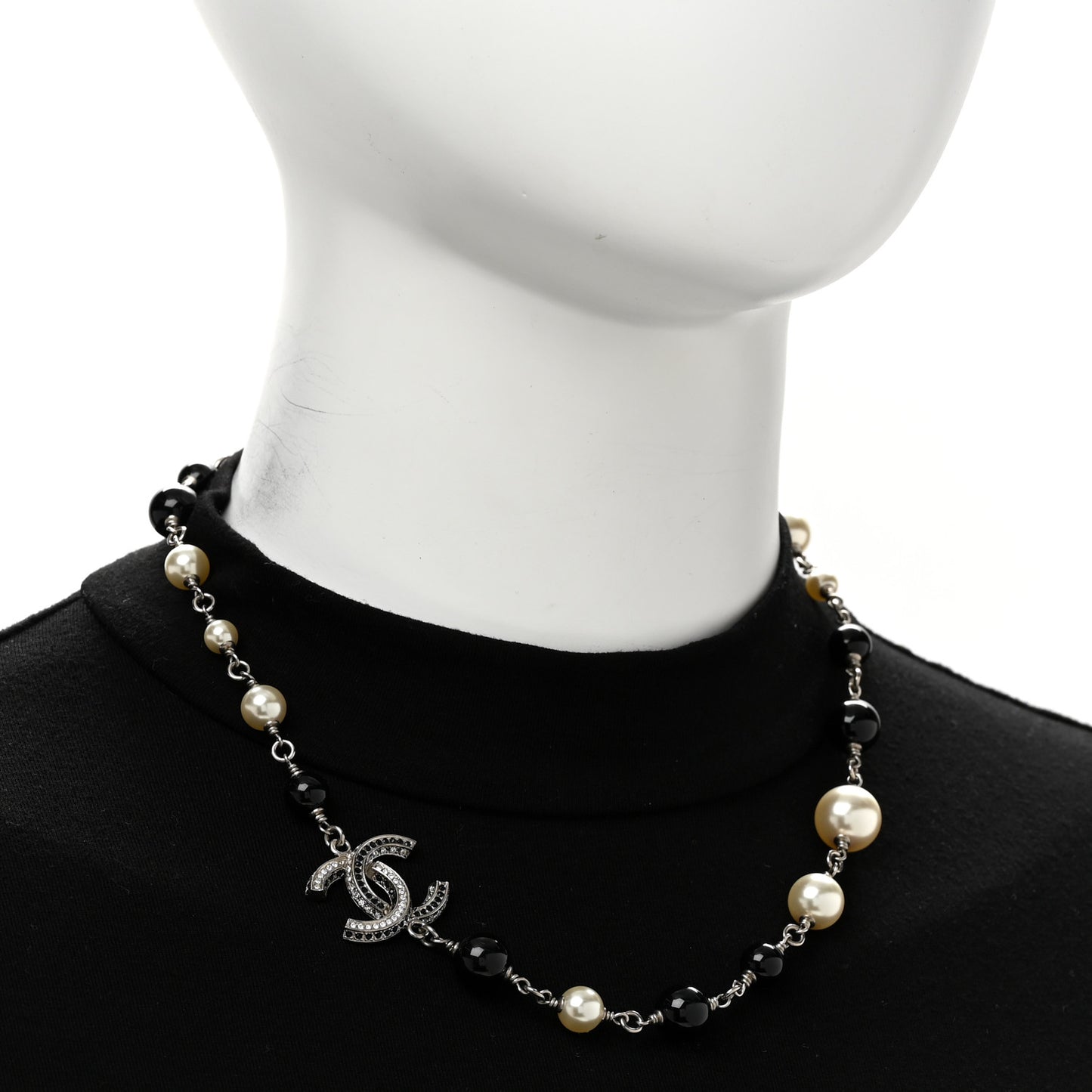 Metal Pearl Bead Crystal CC Necklace Silver Black