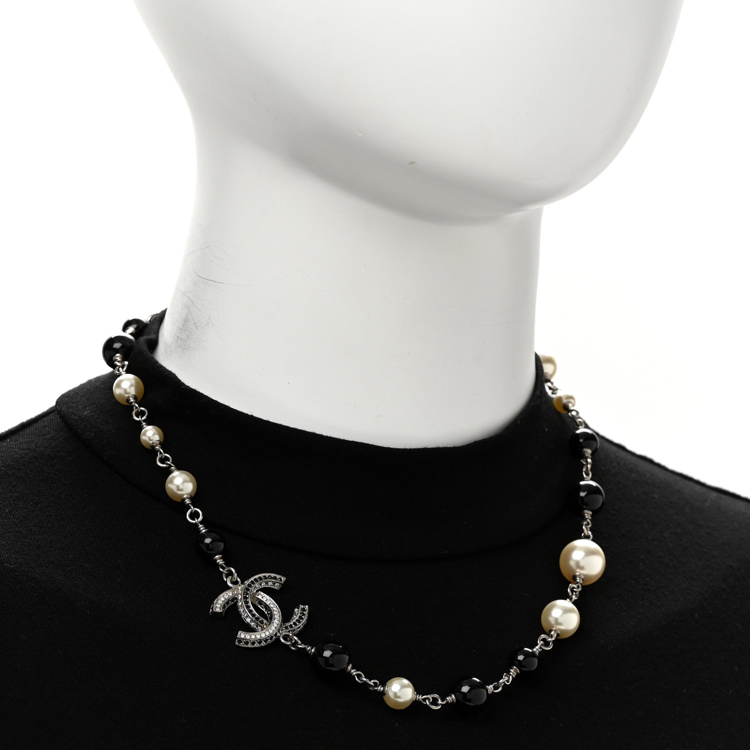 Chanel Metal Pearl Bead Crystal CC Necklace Silver Black 2 of 6