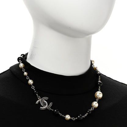 Chanel Metal Pearl Bead Crystal CC Necklace Silver Black 2 of 6