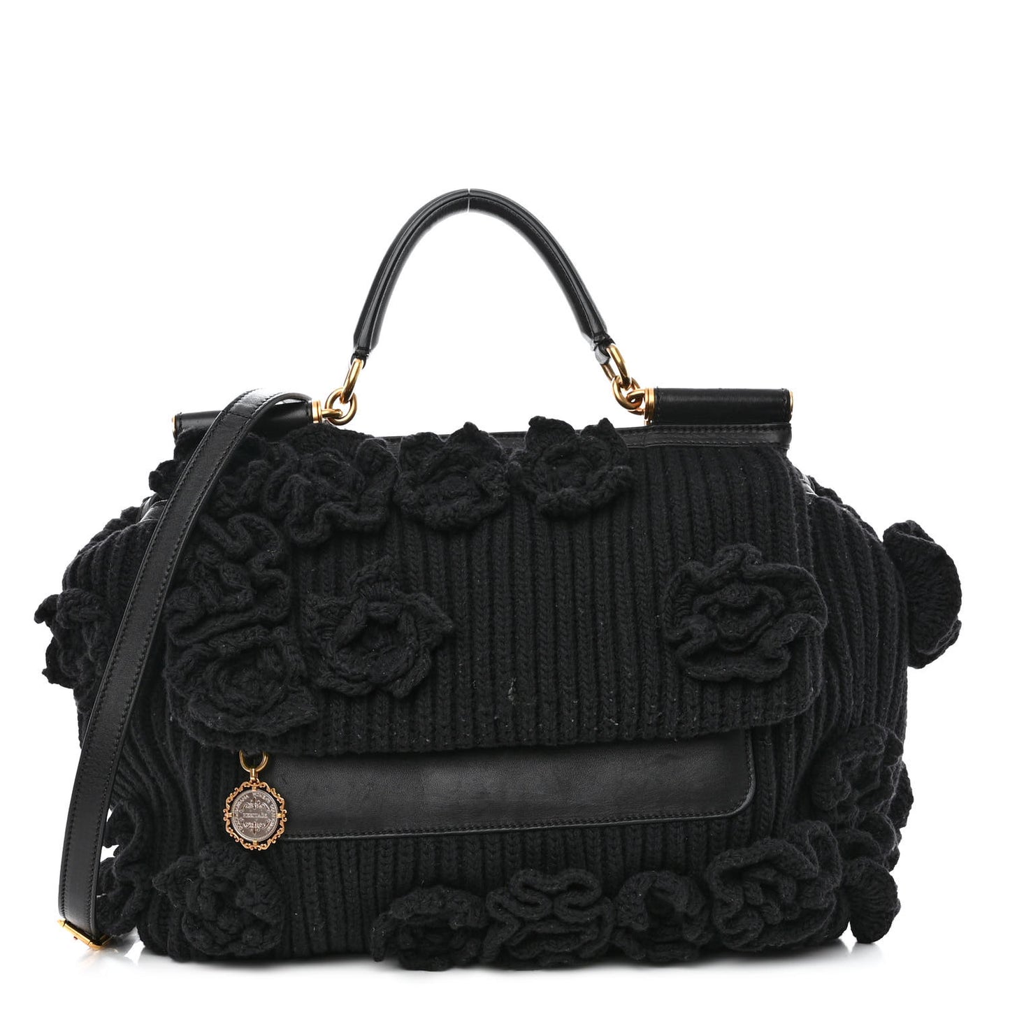 Calfskin Floral Knit Miss Sicily Satchel Black