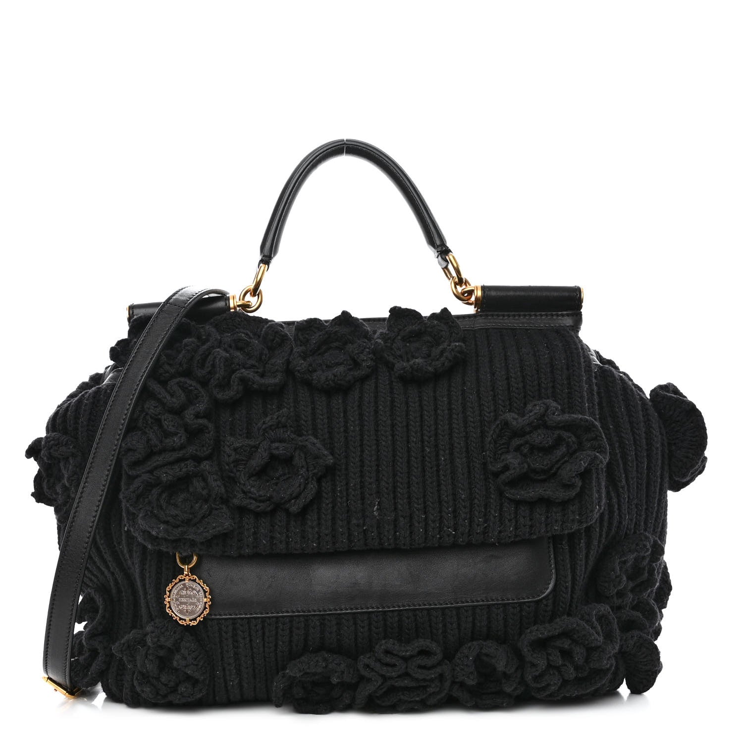 Dolce & Gabbana Calfskin Floral Knit Miss Sicily Satchel Black 1 of 12