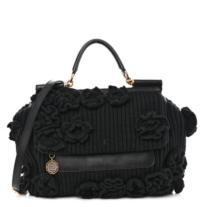 Dolce & Gabbana Calfskin Floral Knit Miss Sicily Satchel Black 1 of 12