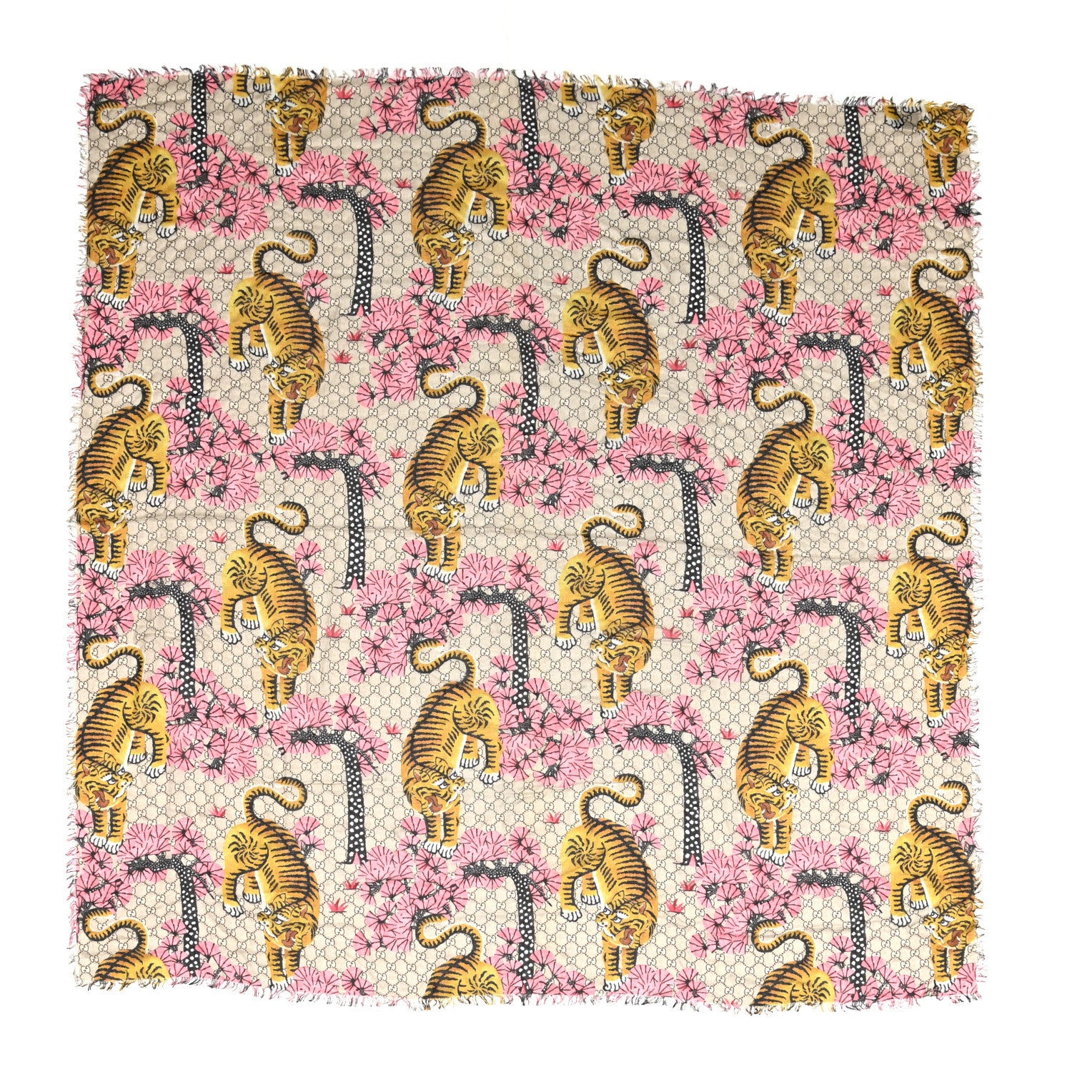 Gucci Modal Silk GG Monogram Supreme Tiger Square Shawl Rope Pink 1 of 3