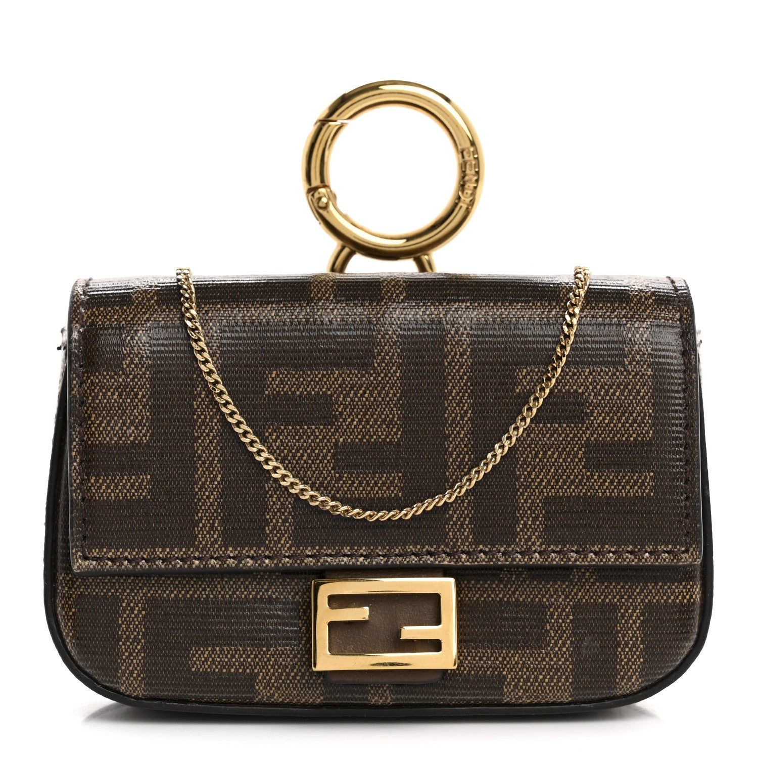 Fendi Glazed Fabric FF 1974 Nano Baguette Charm Mogano Panna 1 of 14