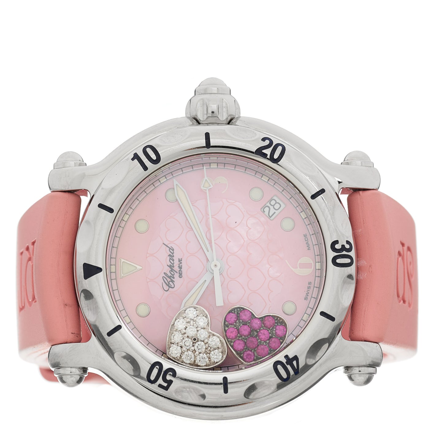 Stainless Steel Rubber Diamond Pink Sapphire Pink Mother of Pearl 38mm Happy Sport Hearts Quartz Watch