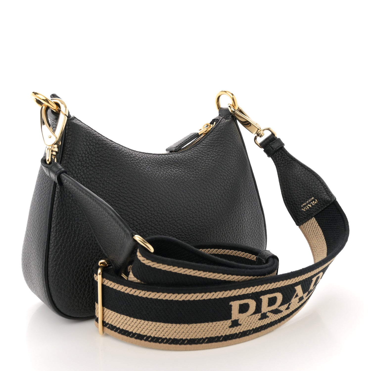 Prada Vitello Daino Soft Zippered Hobo Shoulder Bag Black 3 of 11