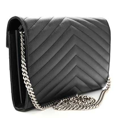 Saint Laurent Grain De Poudre Matelasse Chevron Monogram Chain Wallet Black 3 of 13