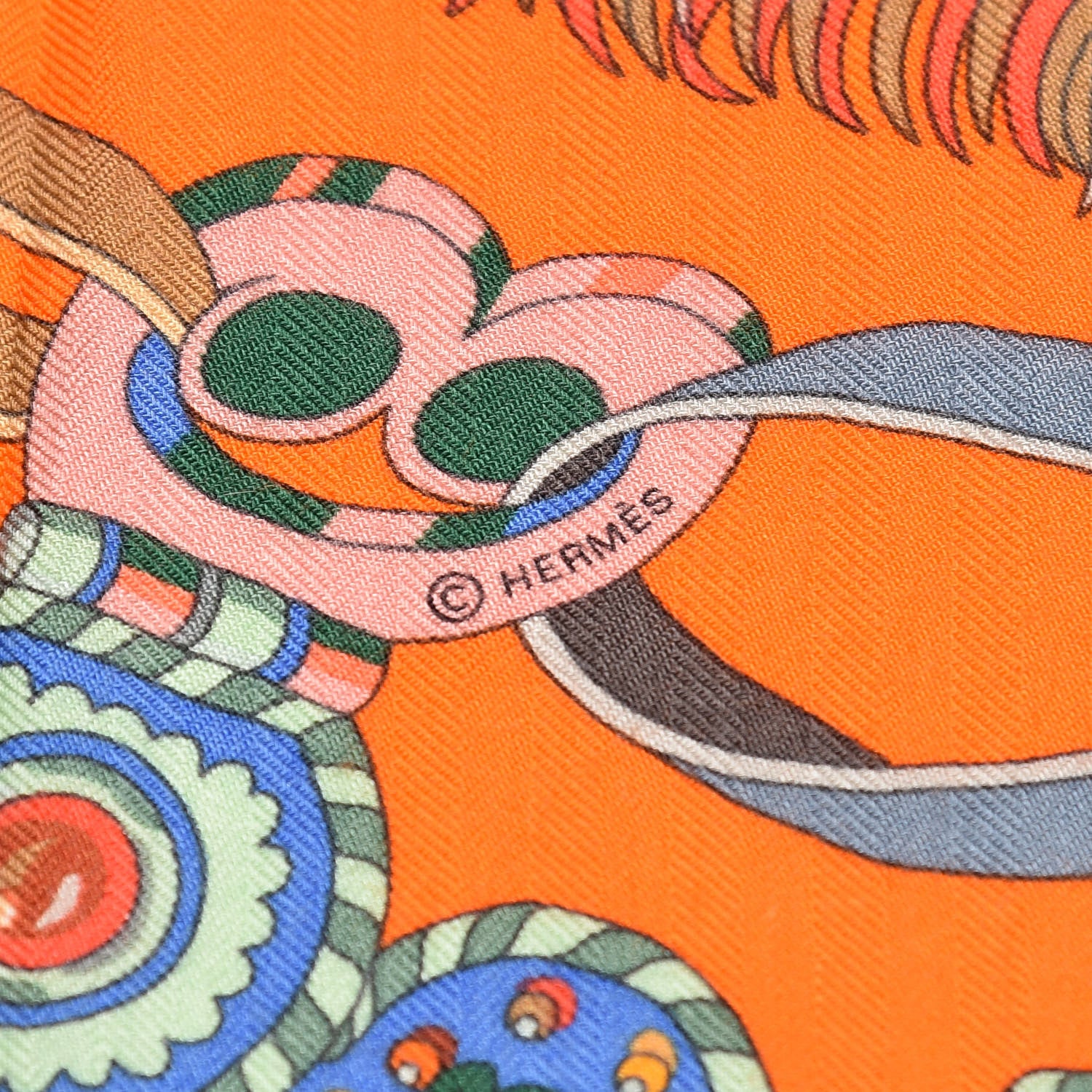 Hermes Cashmere Silk Sous L'Egide De Mars Shawl 140 Orange Bronze Bleu 5 of 6