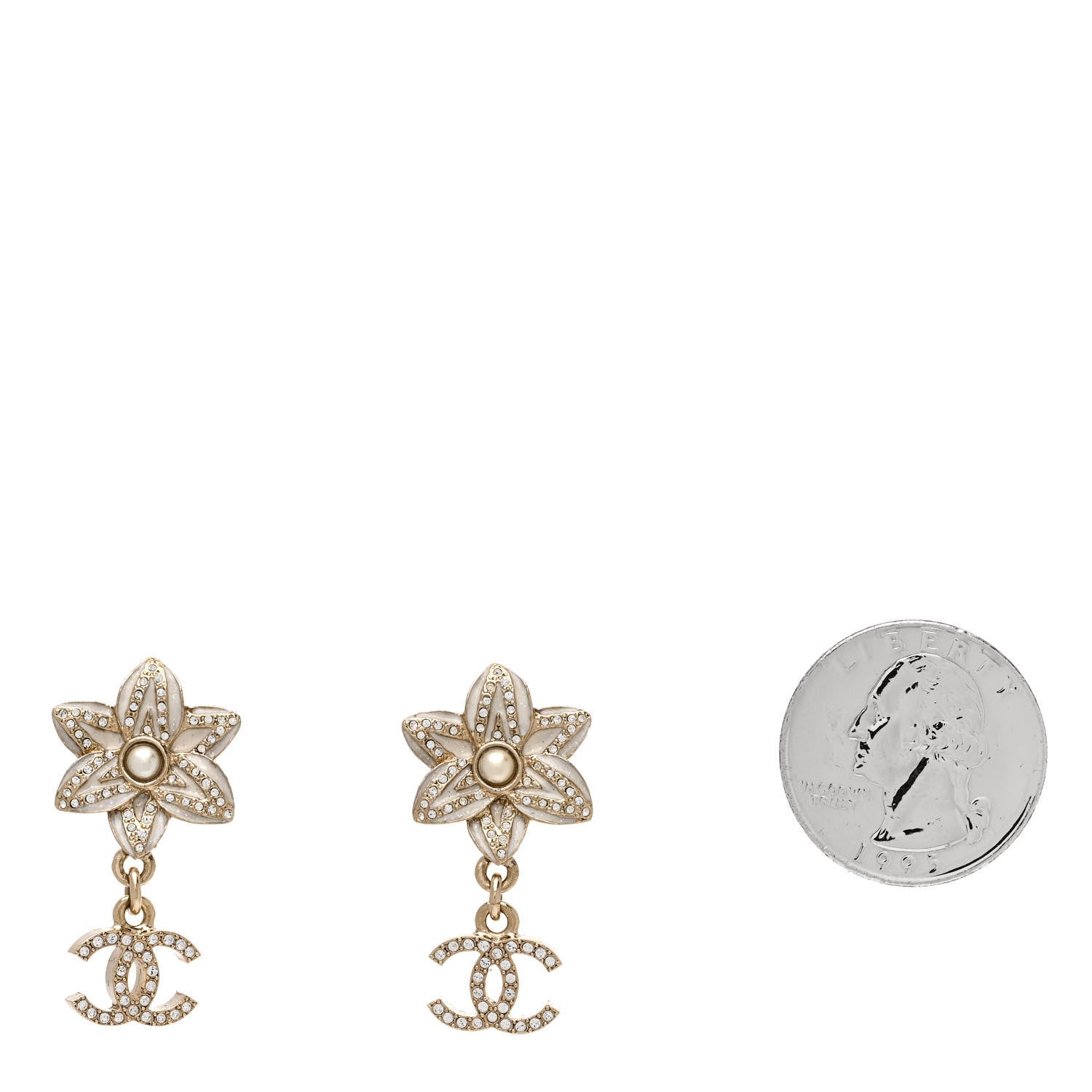 Chanel Crystal CC Pearl Flower Earrings Silver 2 of 5