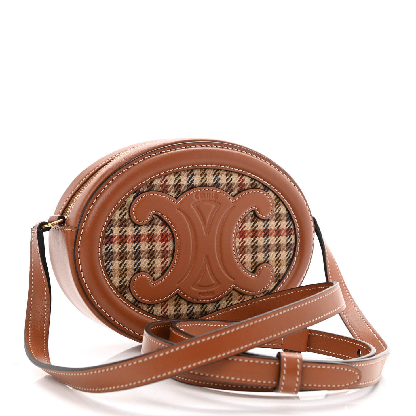Smooth Calfskin Houndstooth Cuir Small Triomphe Oval Purse Crossbody Tan