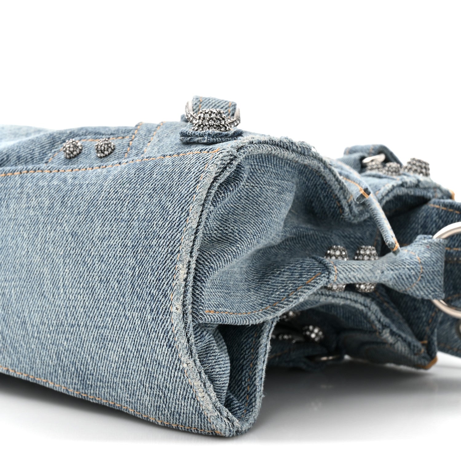 Balenciaga Washed Frayed Denim Crystal Neo Cagole Handbag XS Blue
