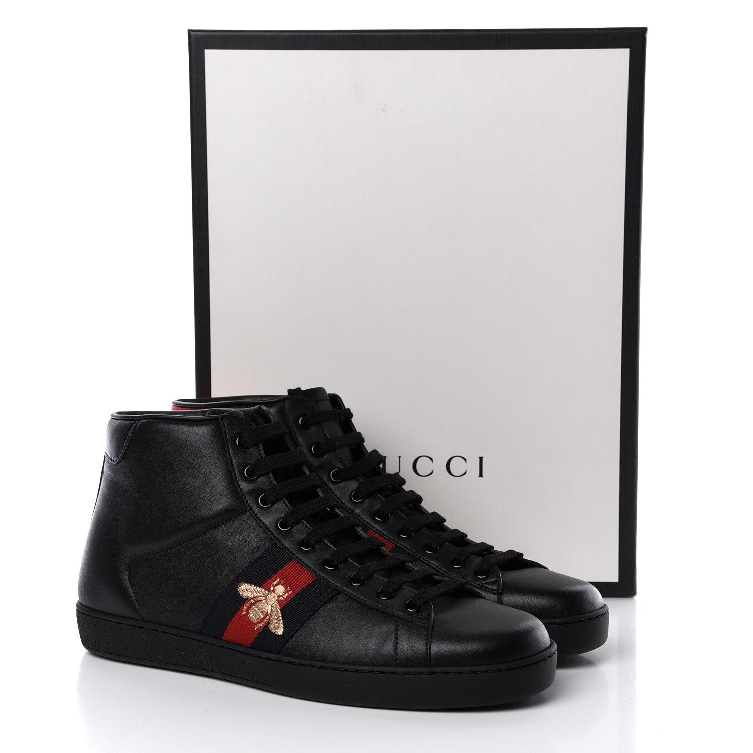 Gucci Calfskin Miro Soft Web Bee Embroidered Mens Ace High Top Sneakers 9.5 Black 10 of 10