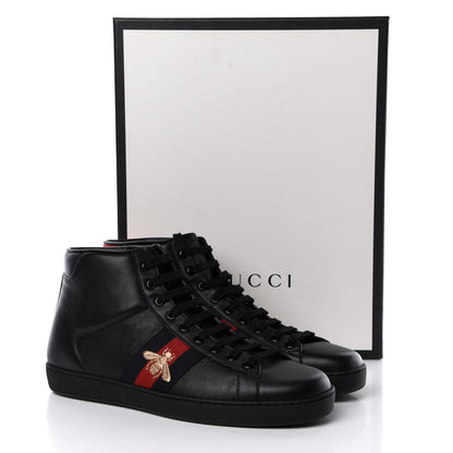 Gucci Calfskin Miro Soft Web Bee Embroidered Mens Ace High Top Sneakers 9.5 Black 10 of 10