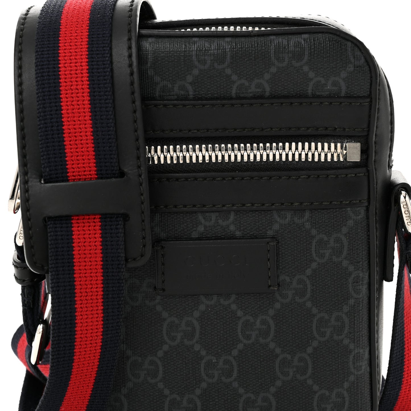 GG Supreme Monogram Appia Calfskin Web Small Camera Messenger Bag Black Grey
