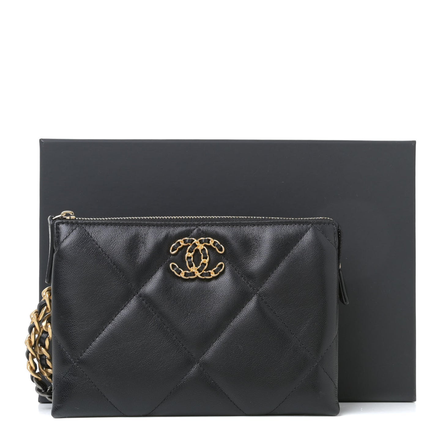 Shiny Goatskin Quilted Small Chanel 19 Pouch With Handle Black