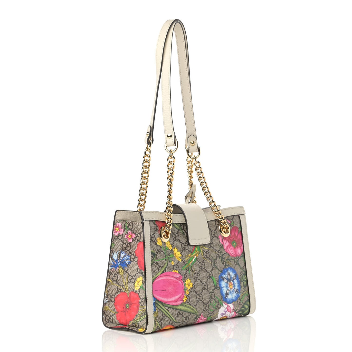 GG Supreme Monogram Flora Textured Calfskin Small Padlock Tote Beige Ebony Multicolor Mystic White