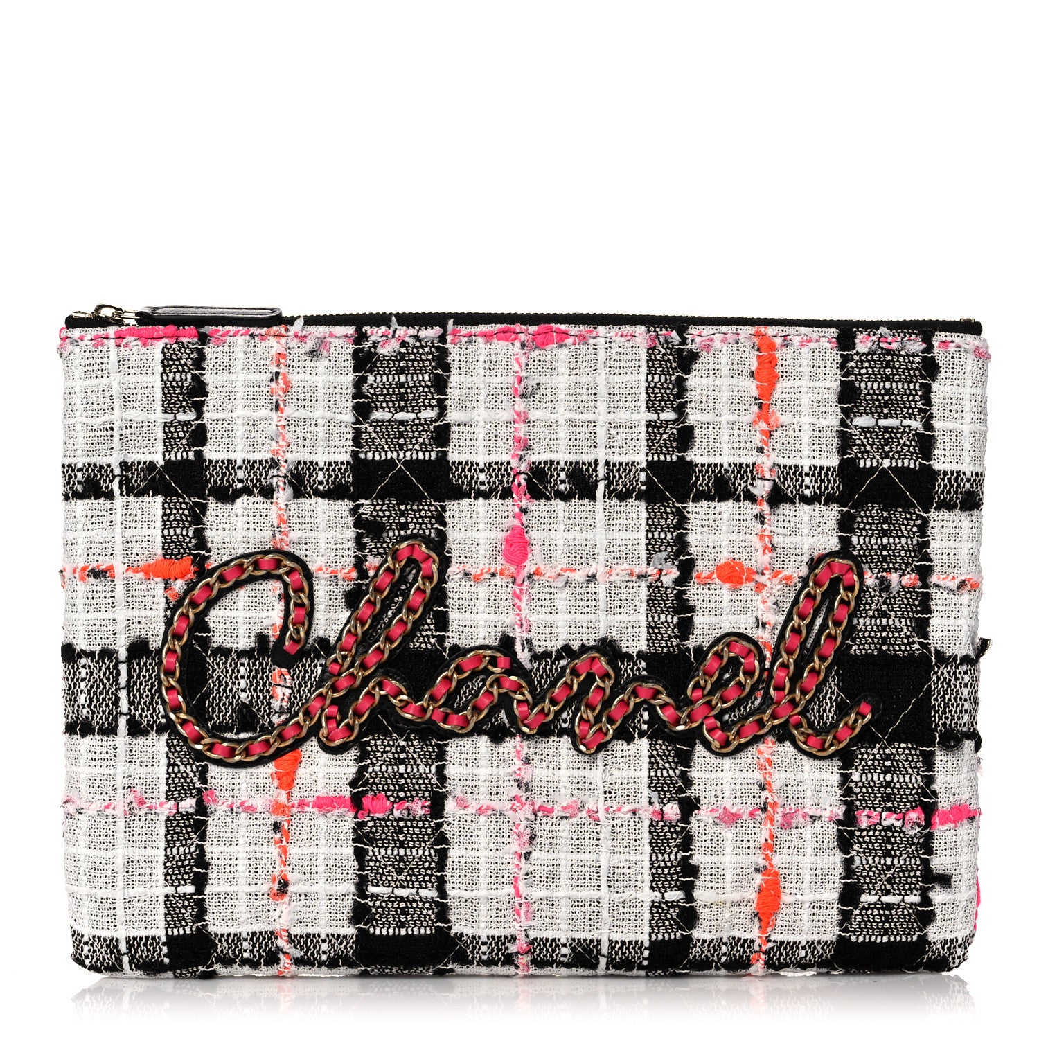 Chanel Tweed Calfskin Signe Pouch Black Pink Orange 1 of 10