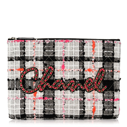Chanel Tweed Calfskin Signe Pouch Black Pink Orange 1 of 10