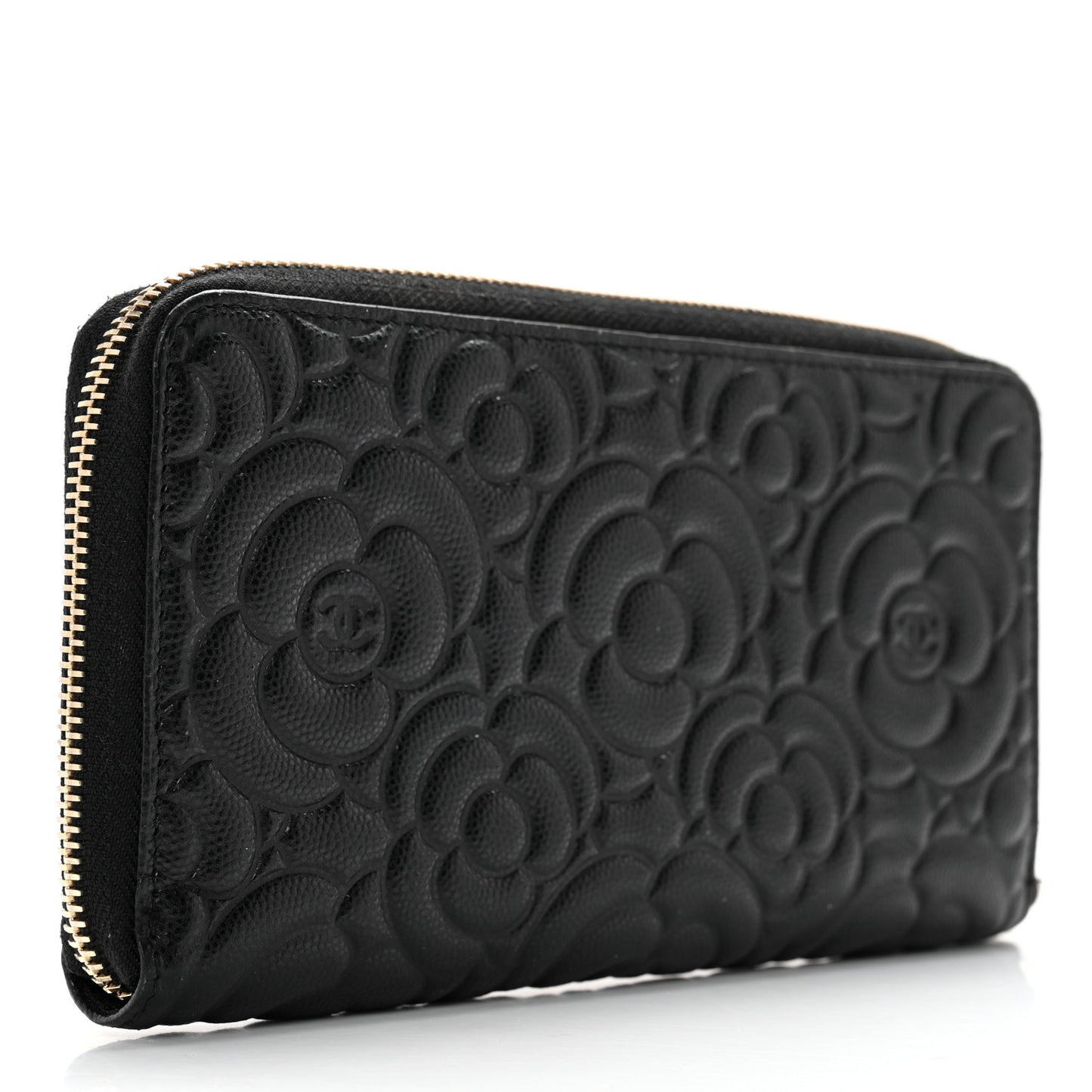 Caviar Camellia Embossed Large Zip Around Gusset Wallet Black