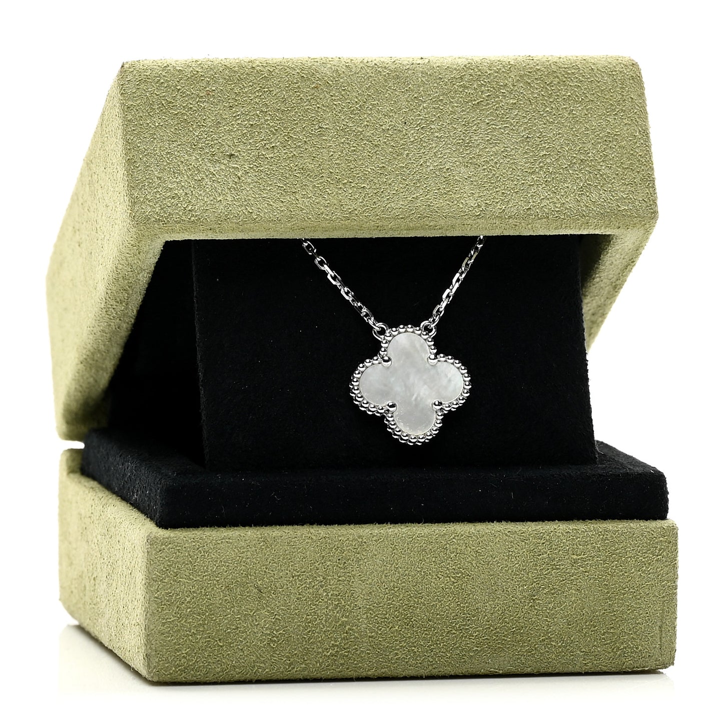 18K White Gold Mother of Pearl Vintage Alhambra Pendant Necklace