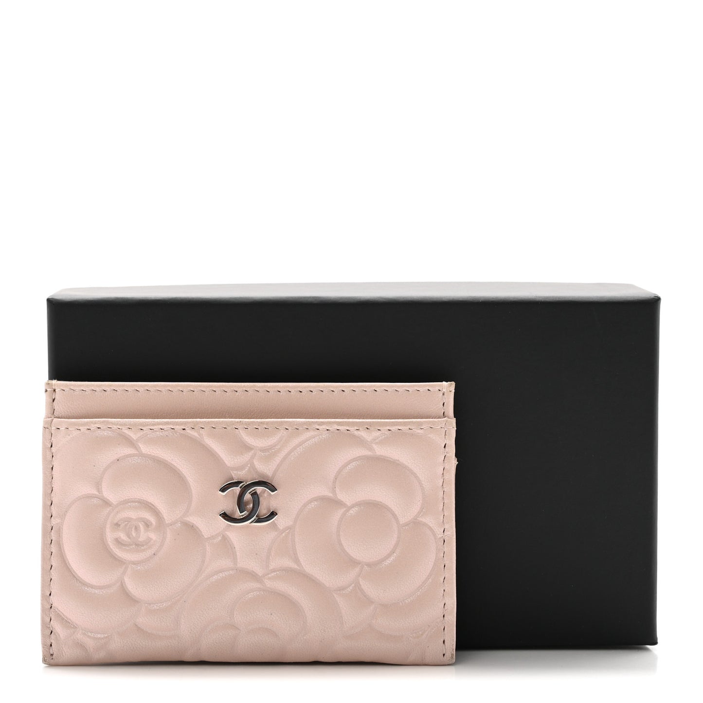 Iridescent Lambskin Camellia Embossed Card Holder Light Pink