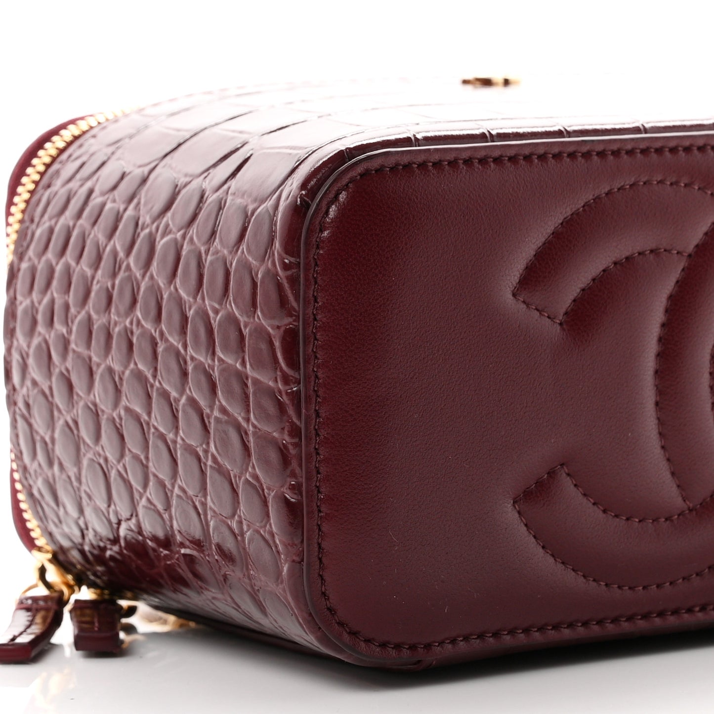 Calfskin Crocodile Embossed Crococo Small Top Handle Vanity Case With Chain Dark Burgundy