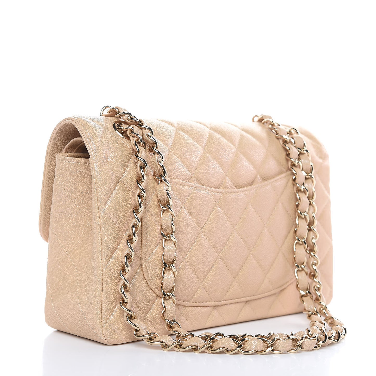 Iridescent Caviar Quilted Small Double Flap Beige